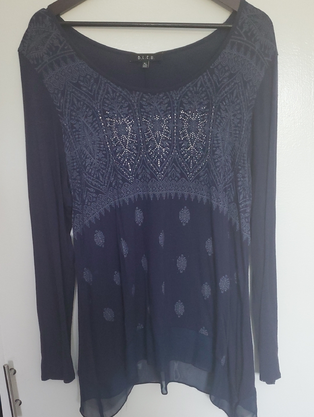 B.L.E.U. Navy Long-Sleeve Embellished Peasant Top